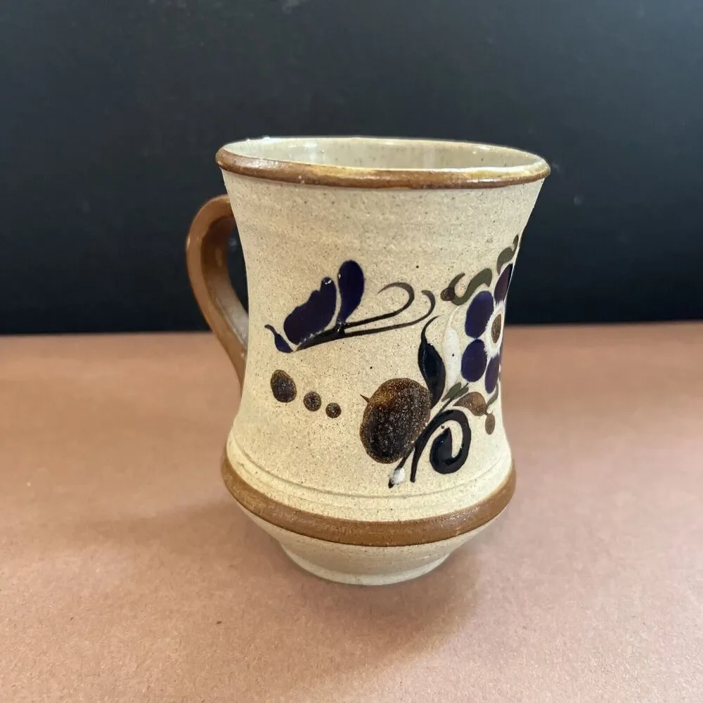 Handmade Pottery Coffee Mug With Floral And Butterfly Glaze Artwork